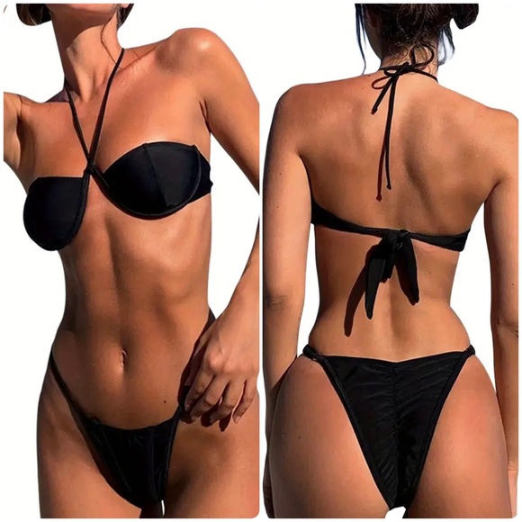 Pretty Woman Boutique Other - Black Underwire Halter Bandeau Cheeky Bikini Set